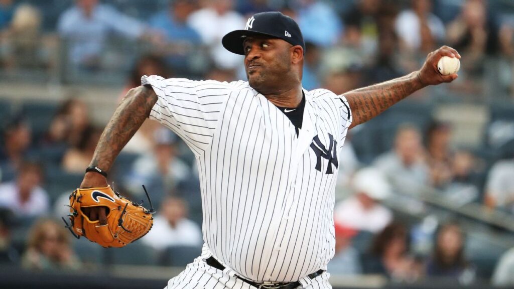 CC Sabathia pitching for the New York Yankees during his tenure at Yankee Stadium