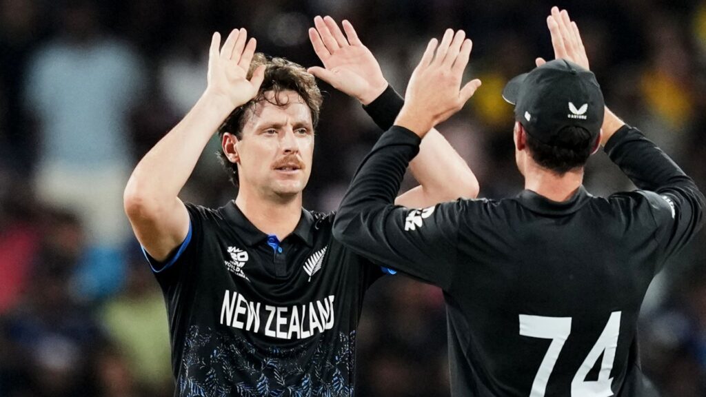 New Zealand players celebrating a wicket against Sri Lanka during the T20 World Cup Super 8s match