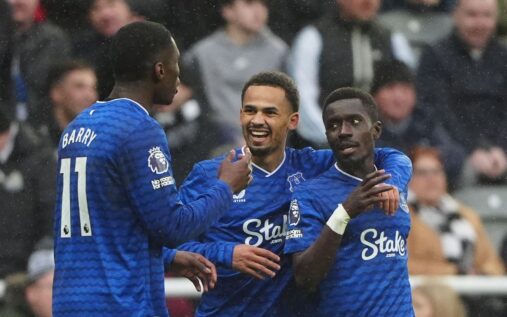 Thierno Barry celebrating his winning goal for Everton against Newcastle United at St James' Park