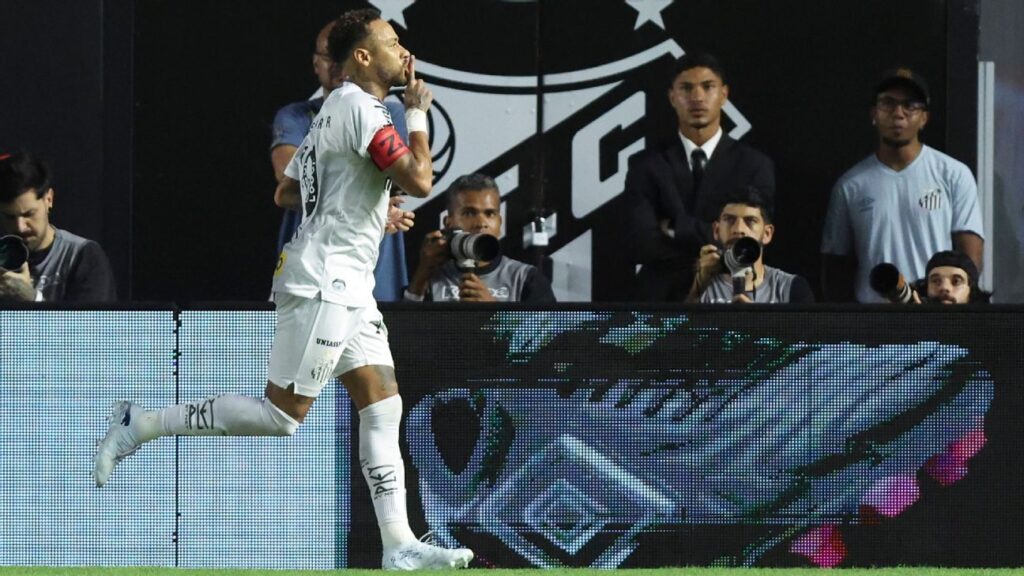 Neymar celebrating a goal for Santos in the Brasileirão 2026 season