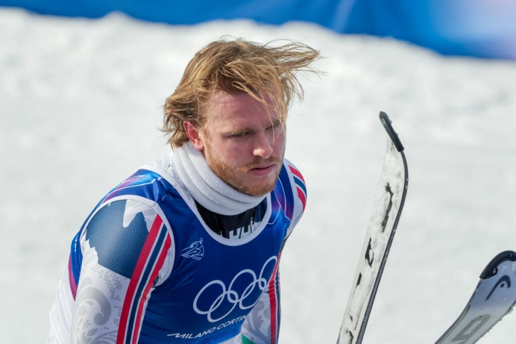 Atle Lie McGrath reacts emotionally after crashing out of the men's slalom at the Winter Olympics
