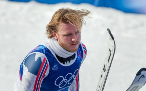 Atle Lie McGrath reacts emotionally after crashing out of the men's slalom at the Winter Olympics