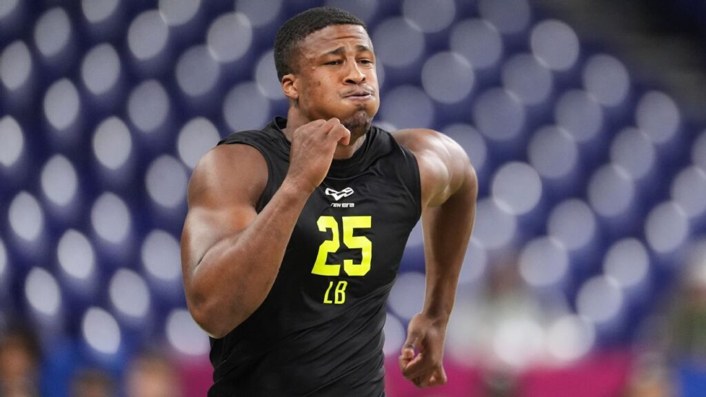 Ohio State linebacker Sonny Styles performing athletic drills at the NFL Scouting Combine in Indianapolis