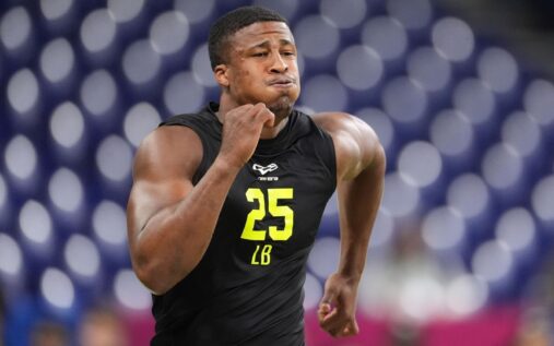 Ohio State linebacker Sonny Styles performing athletic drills at the NFL Scouting Combine in Indianapolis