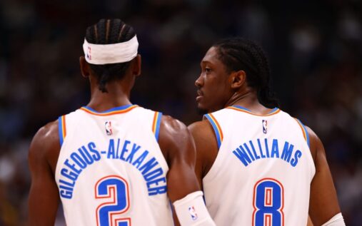 Shai Gilgeous-Alexander of the Oklahoma City Thunder dribbling the basketball during an NBA game