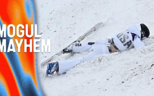 Jakara Anthony skiing down the moguls course during the Winter Olympics final
