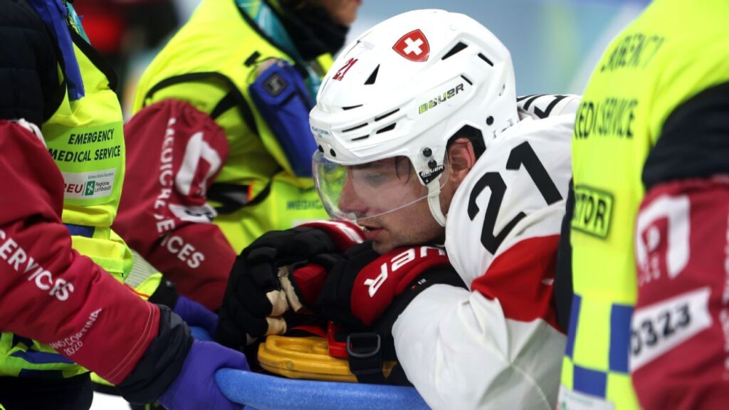 Kevin Fiala skating for Switzerland during an Olympic ice hockey match