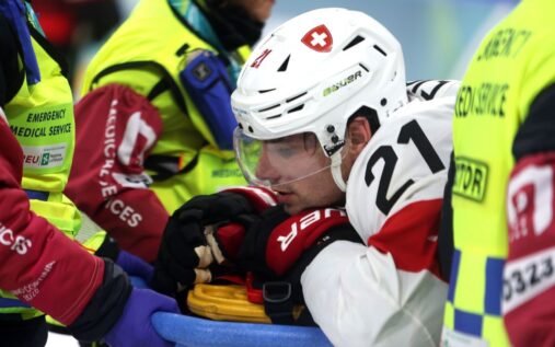 Kevin Fiala skating for Switzerland during an Olympic ice hockey match