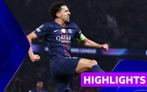 PSG players celebrating a goal with Khvicha Kvaratskhelia against Monaco