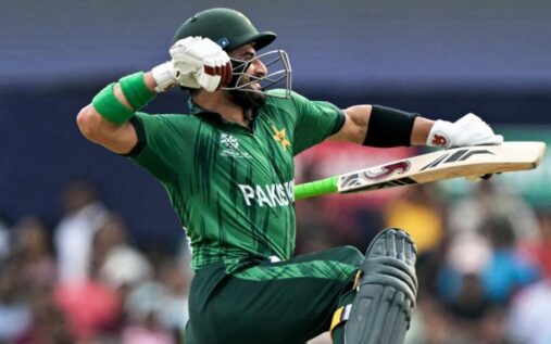 Sahibzada Farhan celebrates scoring a century for Pakistan at the T20 World Cup