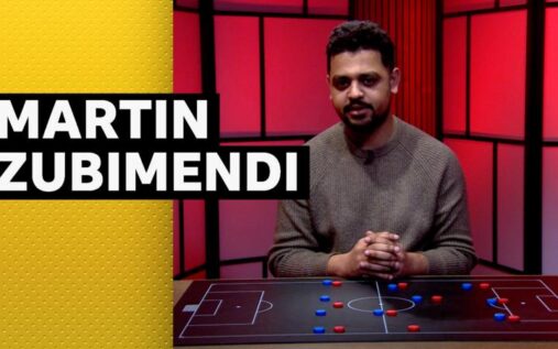 Martin Zubimendi controlling the ball in midfield during an Arsenal Premier League match