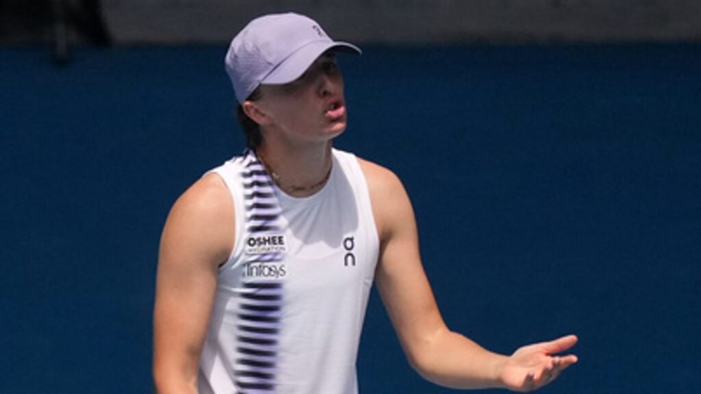 Maria Sakkari celebrating a point on the court during the Qatar Open quarter-final match against Iga Swiatek