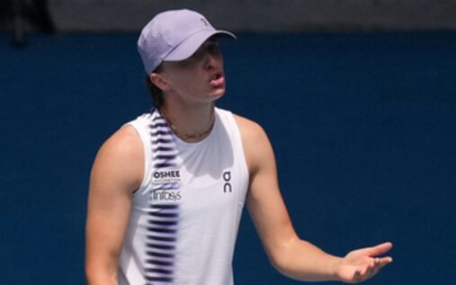 Maria Sakkari celebrating a point on the court during the Qatar Open quarter-final match against Iga Swiatek