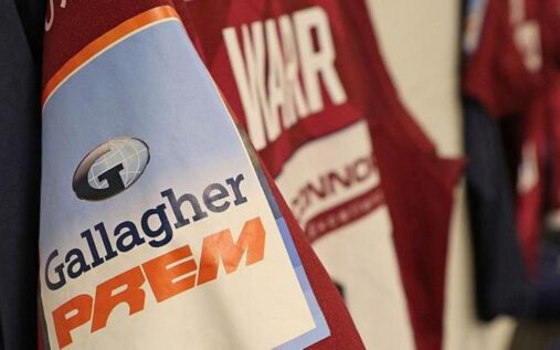 The Premiership Rugby trophy sitting on a plinth during a match day