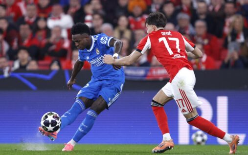 Vinicius Jr gesturing to the referee during the Champions League match between Benfica and Real Madrid