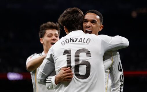 Trent Alexander-Arnold playing in a white Real Madrid kit during a La Liga match