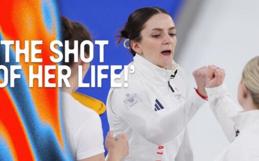 Rebecca Morrison releasing a curling stone on the ice during a match for Team GB