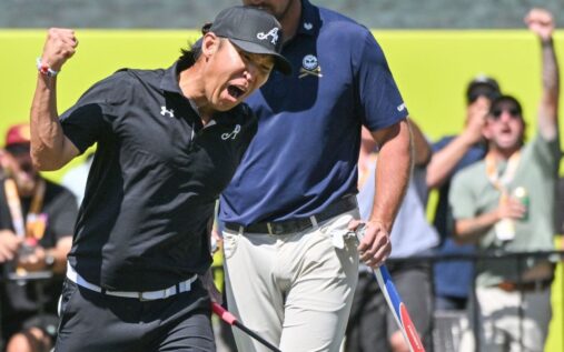 Anthony Kim celebrating his victory at LIV Golf Adelaide with a fist pump
