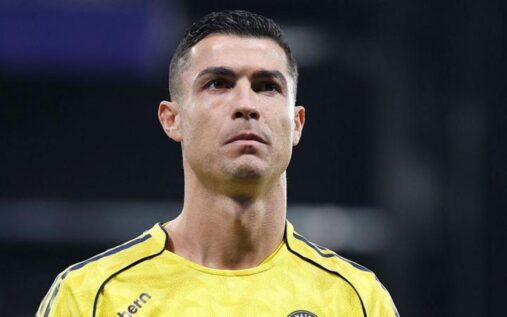 Cristiano Ronaldo celebrating a goal for Al-Nassr while wearing the captain's armband