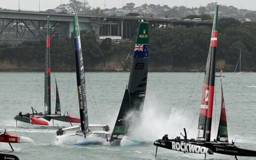 The damaged F50 catamarans of New Zealand and France on the water in Auckland after a major collision during the Sail Grand Prix.