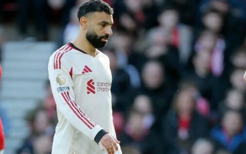 Mohamed Salah looking frustrated on the pitch during a Liverpool match