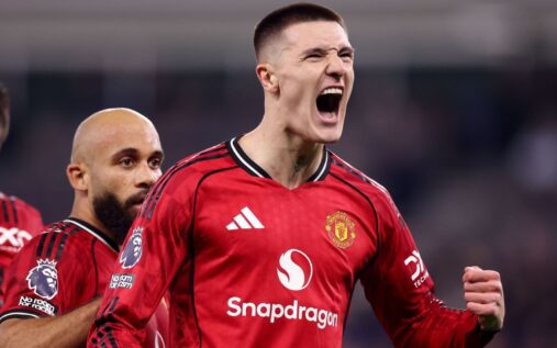 Benjamin Sesko celebrates scoring for Manchester United against Everton