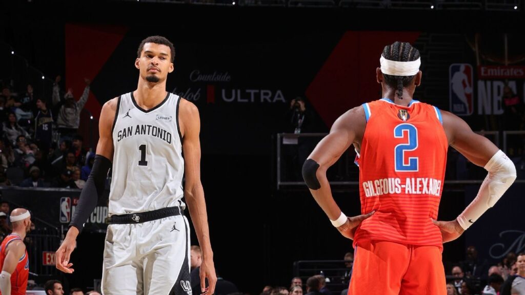 Shai Gilgeous-Alexander dribbling the ball for Oklahoma City Thunder during an NBA game