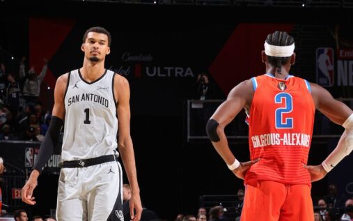 Shai Gilgeous-Alexander dribbling the ball for Oklahoma City Thunder during an NBA game