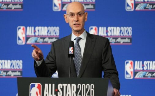 NBA Commissioner Adam Silver speaking at a press conference during All-Star weekend