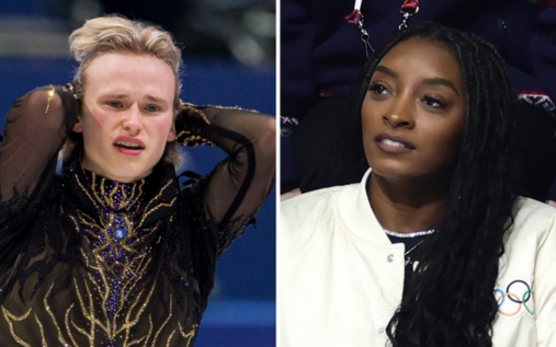 Simone Biles watching from the stands during the Milan-Cortina 2026 Winter Olympics