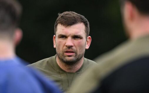 Ireland lock Tadhg Beirne pointing and shouting instructions to teammates during a Six Nations match