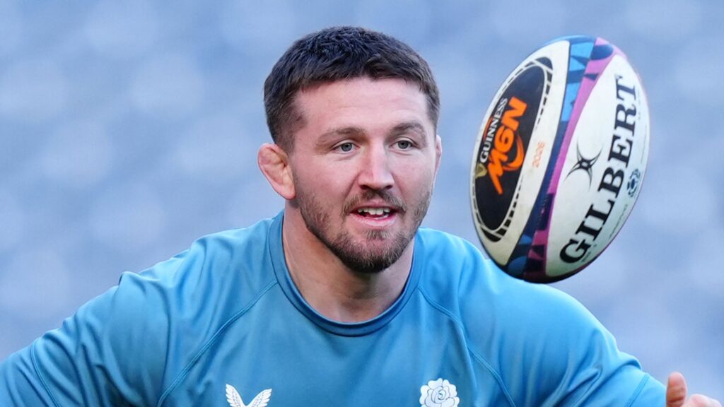 England flanker Tom Curry gesturing during a Six Nations match against Scotland