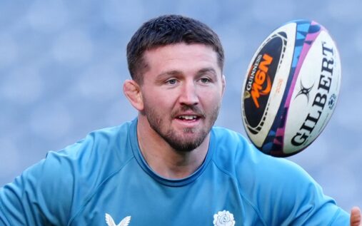 England flanker Tom Curry gesturing during a Six Nations match against Scotland