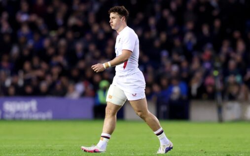 Henry Arundell looks dejected walking off the pitch at Murrayfield after being shown a red card against Scotland