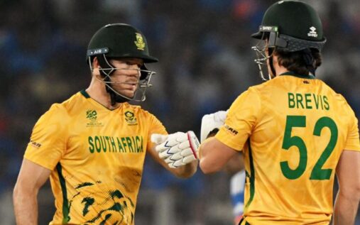 South Africa bowler Marco Jansen celebrates taking a wicket against India during the T20 World Cup match in Ahmedabad