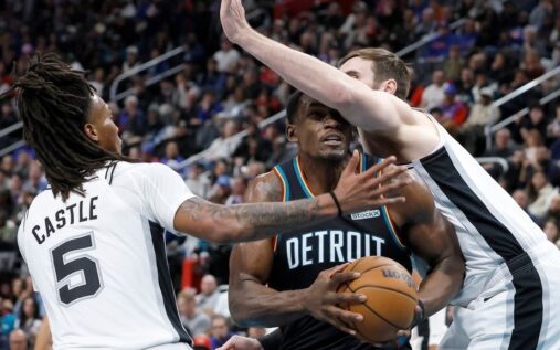 Victor Wembanyama blocking a shot during the San Antonio Spurs game against the Detroit Pistons