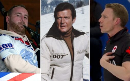 Bruce Mouat of Team GB delivering a curling stone on the ice during the Winter Olympics