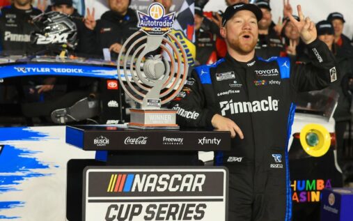 Tyler Reddick racing his No. 45 Toyota car on the track at Echo Park Speedway