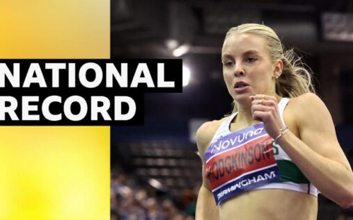 Keely Hodgkinson running on the track during the women's 800m heats at the UK Athletics Indoor Championships in Birmingham