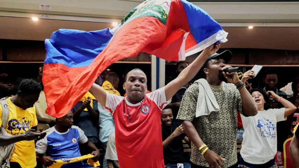 Haiti football fans cheering and waving flags in a stadium crowd