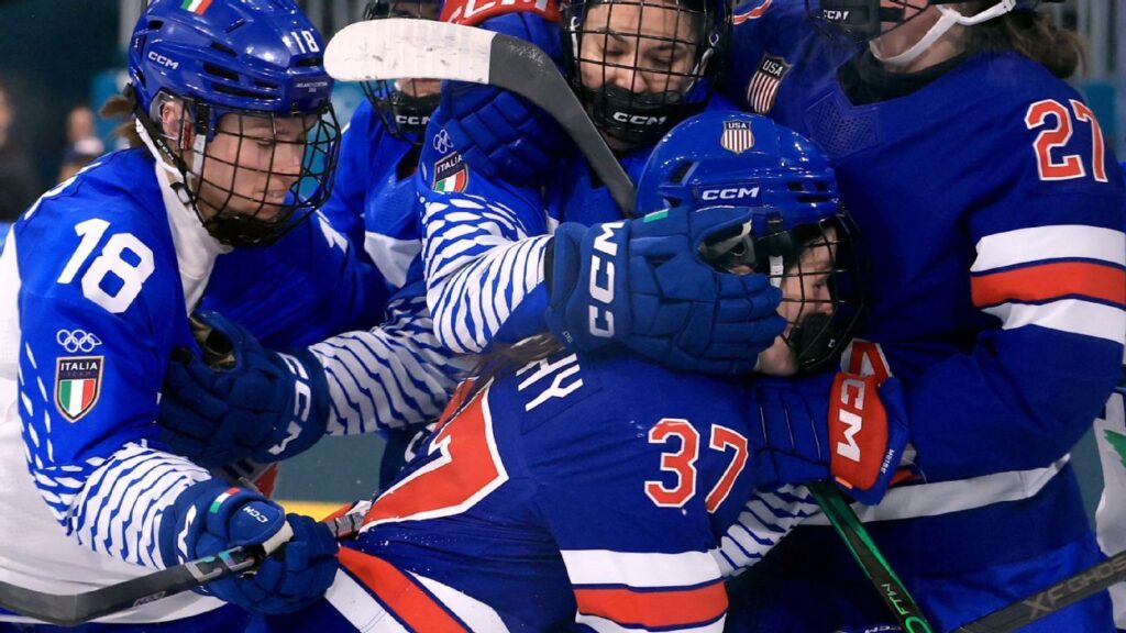USA forward Abbey Murphy skating on the ice during the Olympic women's ice hockey quarter-final against Italy