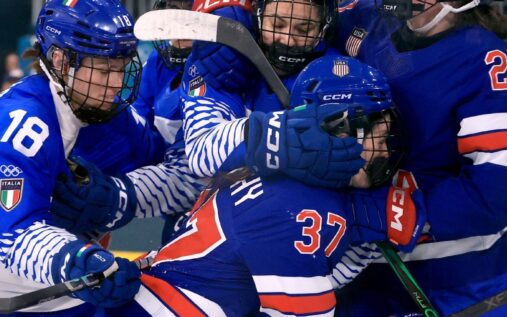 USA forward Abbey Murphy skating on the ice during the Olympic women's ice hockey quarter-final against Italy