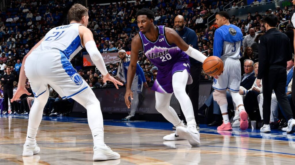 Jaren Jackson Jr looking focused on the court in a Utah Jazz jersey