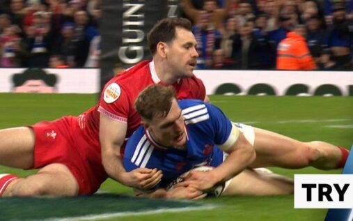 France centre Emilien Gailleton diving over the line to score a try against Wales at the Principality Stadium