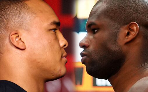 Fabio Wardley and Daniel Dubois facing off at a press conference ahead of their heavyweight title fight