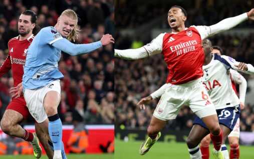 Referee Craig Pawson communicating with VAR during a Premier League match