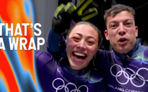 A collage of athletes celebrating gold medal victories at the 2026 Winter Olympic Games in Milan-Cortina