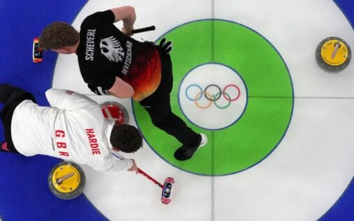 Skip Bruce Mouat shouting instructions to his sweepers during Team GB's match against Germany
