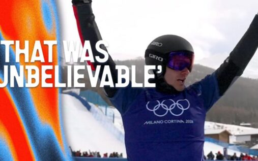 Alessandro Haemmerle celebrating his snowboard cross victory at the Winter Olympics