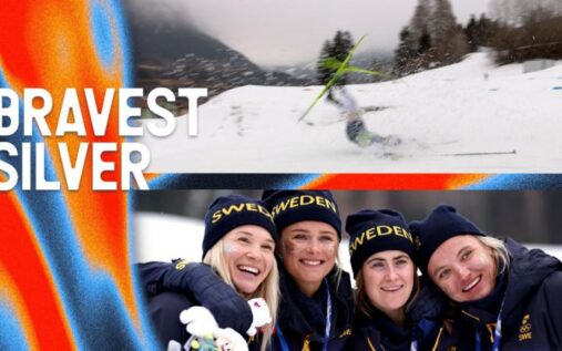 Sweden's cross-country ski team celebrating their silver medal on the snow after the final relay